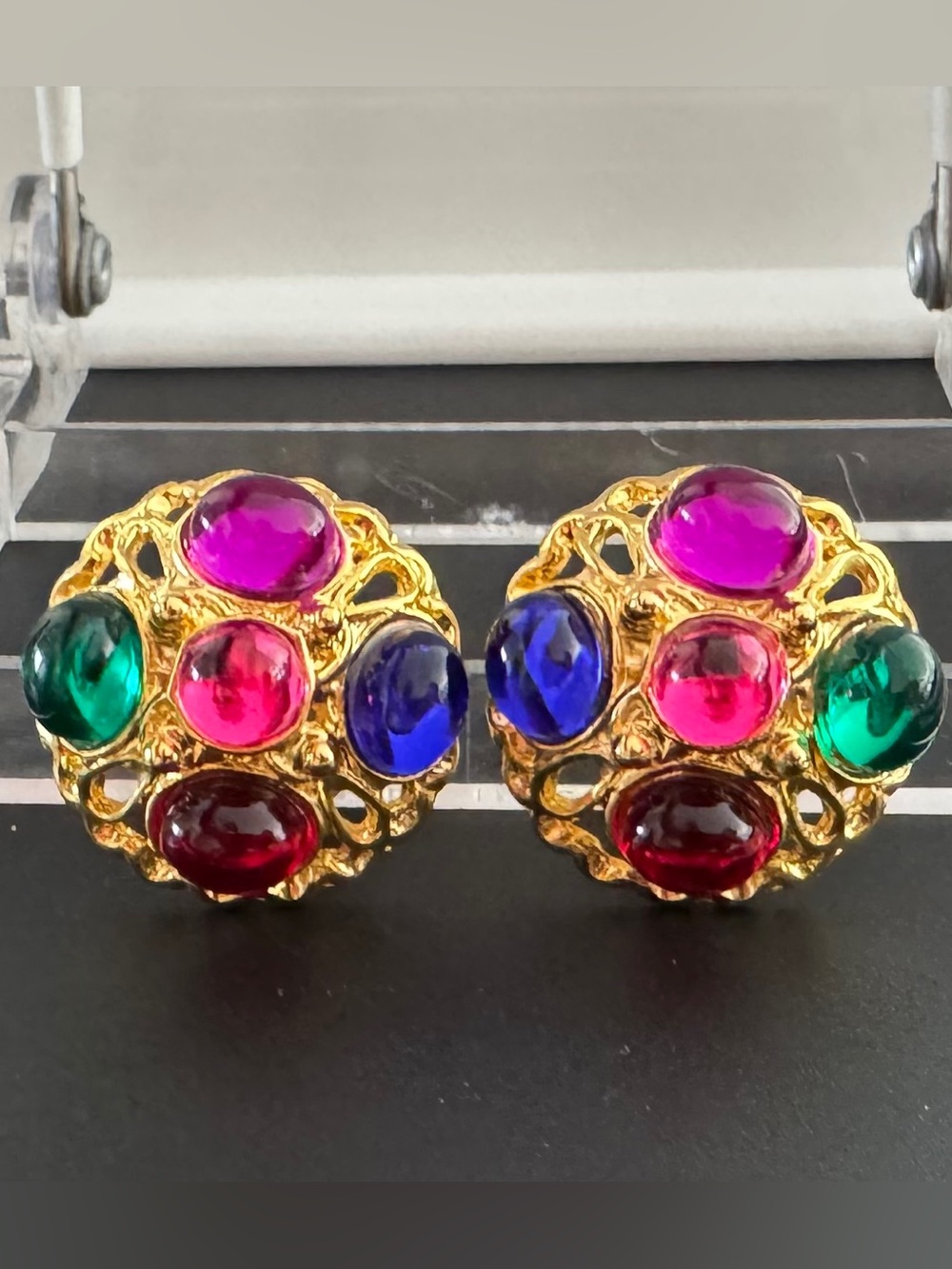 80s Vintage Couture Gripoix Fruit Salad Cabochon Jelly Belly Gold Clip Earrings
